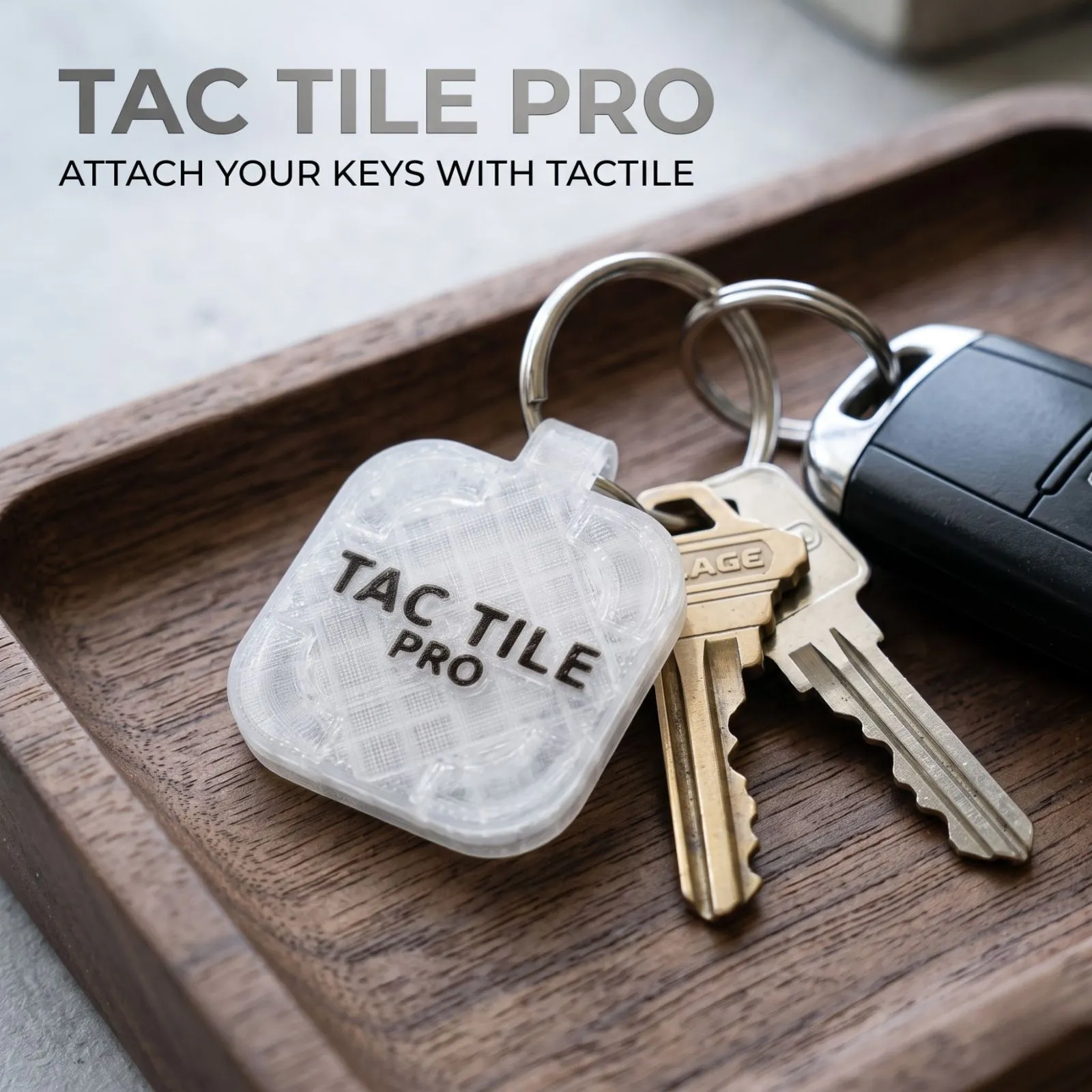 TAC TILE Pro on a wooden tray beside house keys and a car fob